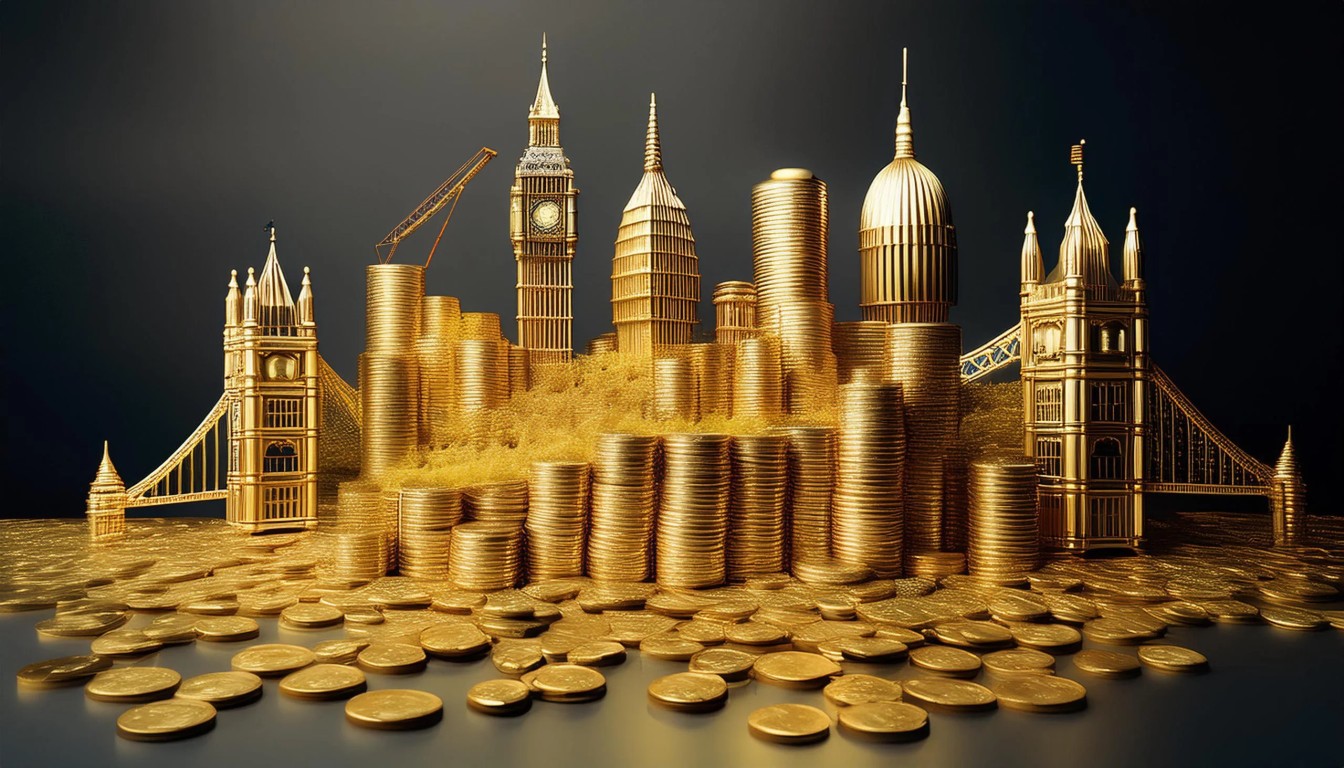 Out of a pile of gold coins erupts a golden cityscape, modelled on London. The golden city sitting upon coins represents construction finance, and the finance required to develop property.