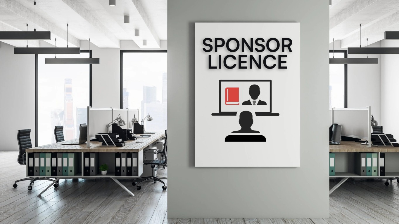 An empty office can be seen in the background. On a pillar in the foreground, a sign saying "sponsor licence" sits. The sign shows an icon of a laptop and the visa process.