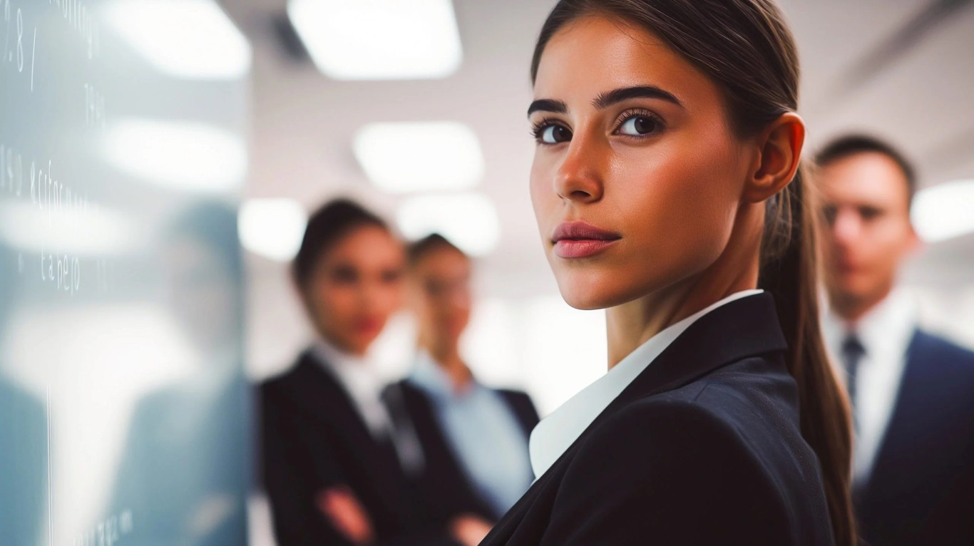 A woman in a suit stands facing the front in an office. Behind her, multiple colleagues stands with their arms crossed to show disappointment at their employers' non-compliance with right to work checks.