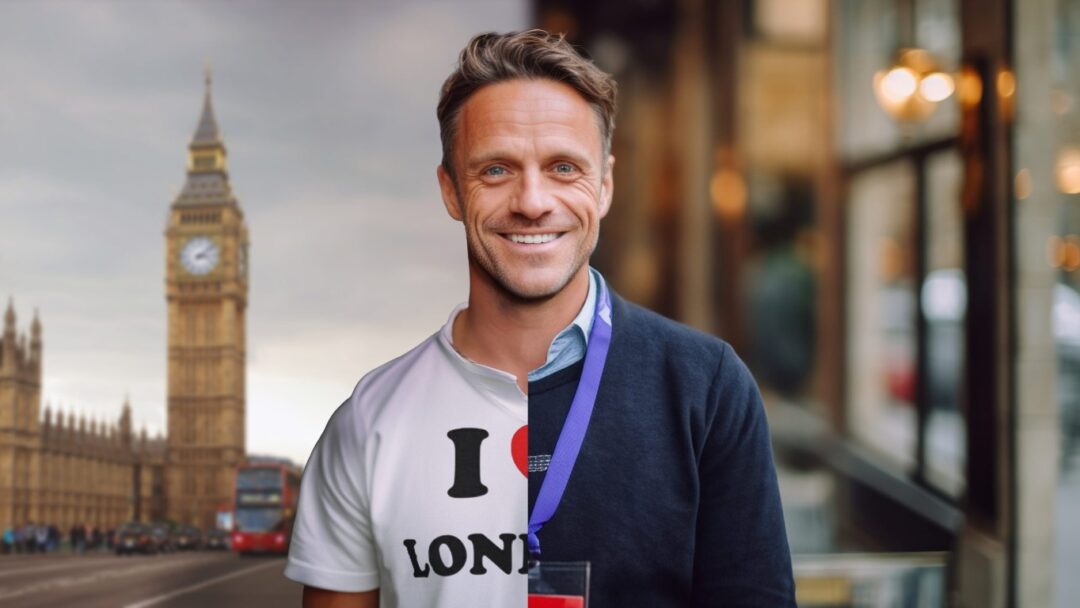 The image shows the transition from tourist to taxpayer. On the left, the man is seen in front of the Houses of Commons, wearing an I heart London t-shirt. On the right, the man is wearing businesswear and is in an office, showing he now has been in the UK long enough to hold UK tax residence.