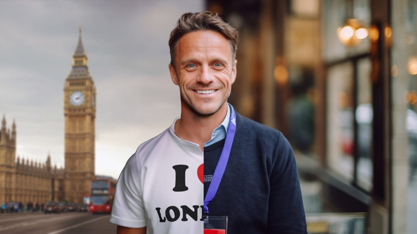 The image shows the transition from tourist to taxpayer. On the left, the man is seen in front of the Houses of Commons, wearing an I heart London t-shirt. On the right, the man is wearing businesswear and is in an office, showing he now has been in the UK long enough to hold UK tax residence.