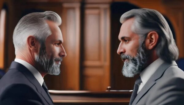 Two brothers face each other in a court room. This depicts the Marcus v Marcus case, wherein a family trust was disputed. This highlights the importance of intention in regard to trusts.