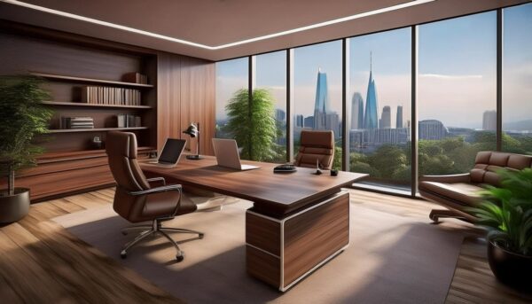 An office is featured, with a desk facing a cityscape. The office depicts that of a family-owned business, with the lack of people seen implying this is a new office in a new location, suggesting the business is expanding to the UK.