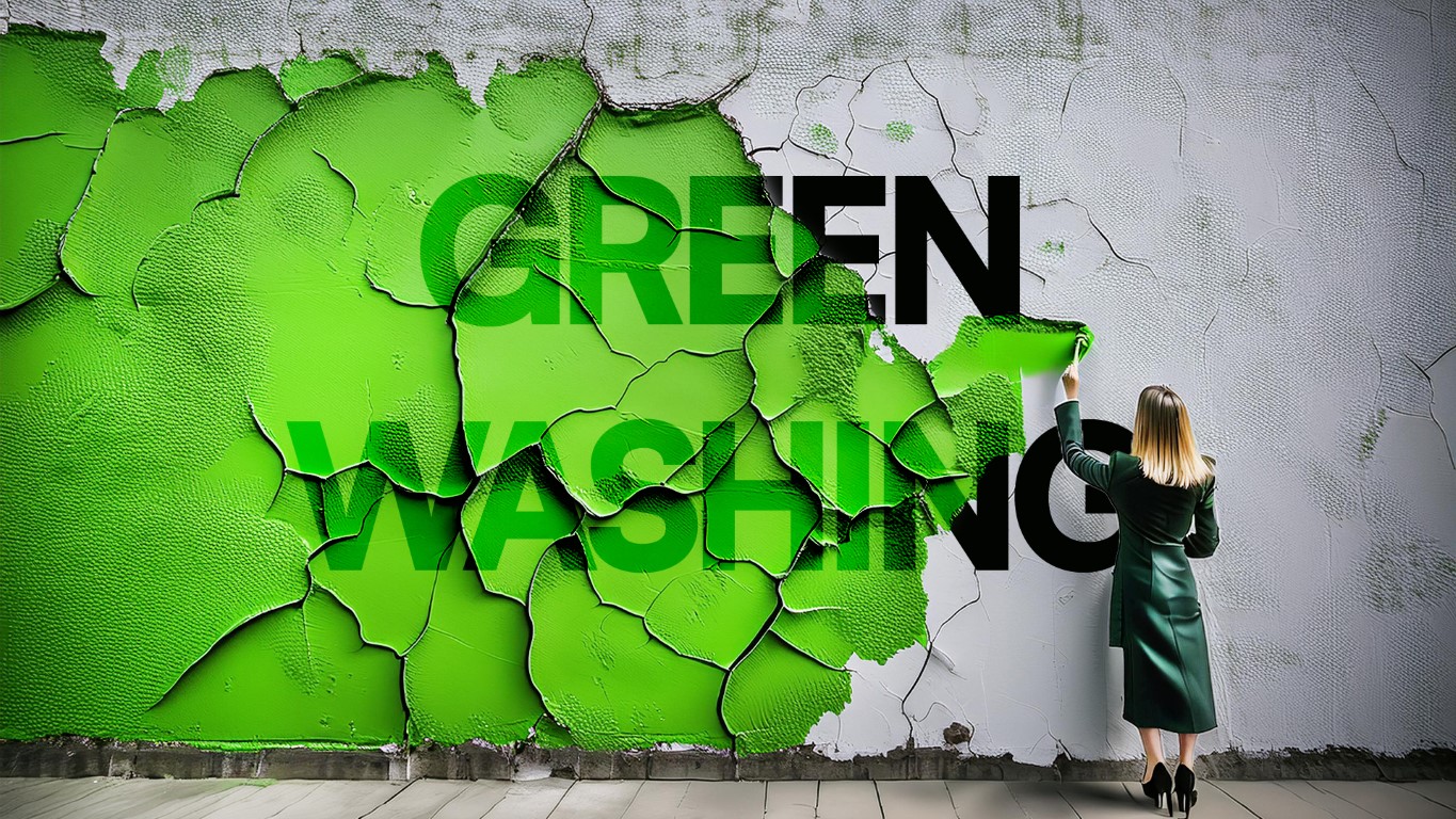 A woman stands in front of a grey wall holding a can of spray paint. She sprays green paint over the wall which reveals the text "Green Washing." This represents the new CMA guidelines.