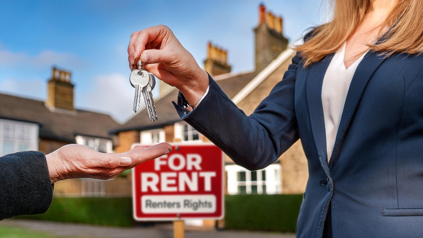 Suburban House in the background, with a red 'for rent' sign in front of the house. In the foreground a female landlord hands over keys to a tenant to depict a likely scenario as an outcome of the strengthened Renters' Rights Bill.