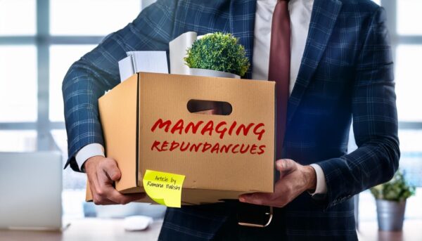 An employee wearing a suit carries a box of belongings from their desk. Across the front of the box, "managing redundancies" is written in red to show the topic of the article being redundancy. On the lower left hand-side of the box, a yellow post it note with the author's name (Ramona Bakshi) is seen.