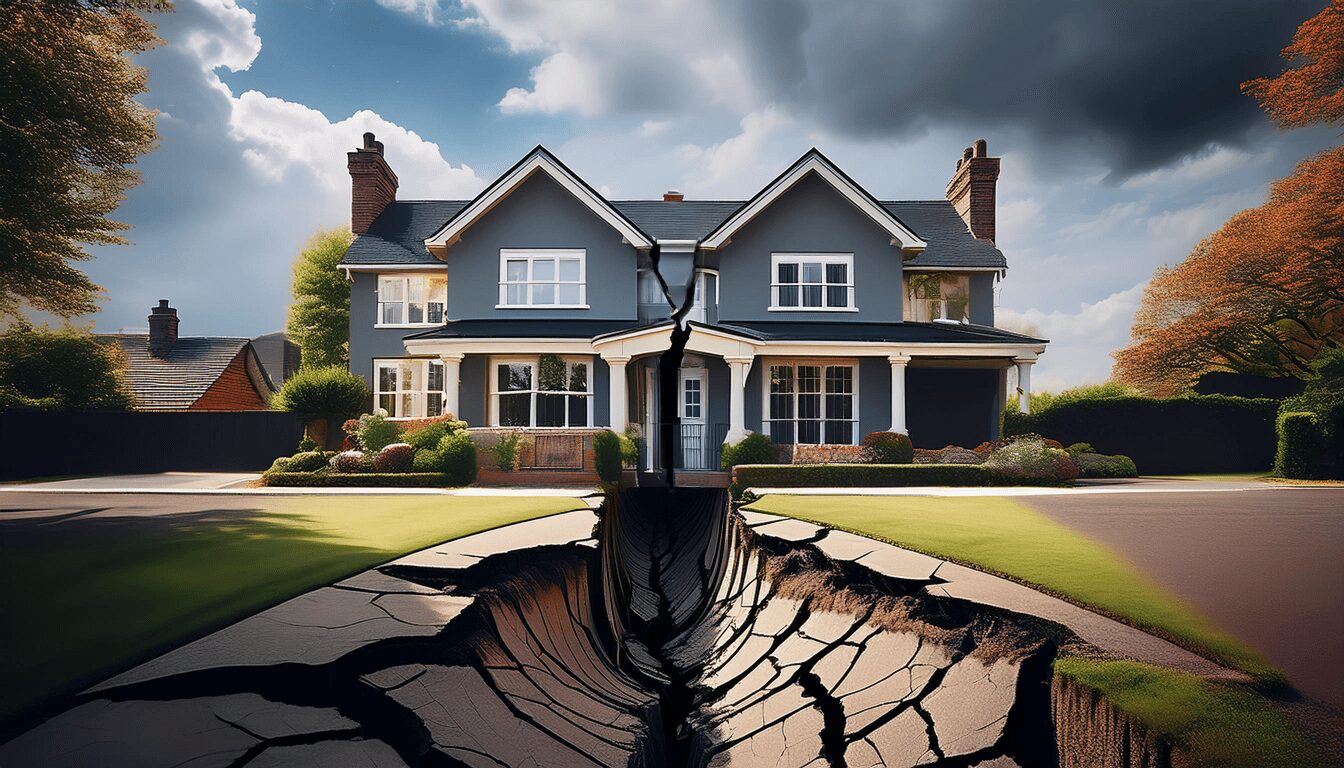 A large blue house sits in the background, with a large crack down the middle. This crack extends through the front garden into the foreground of the image. This depicts how a CITC can impact an express declaration of trust.