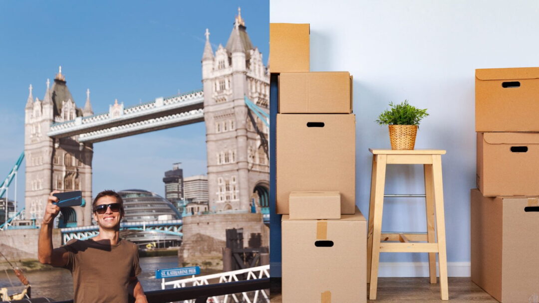 The image reflects the two immigration pathways for Hong Kongers. One is a more touristy image of a man taking a selfie in front of Tower Bridge to show the short term pathway. The right hand side shows moving boxes, representing the long term pathway. 