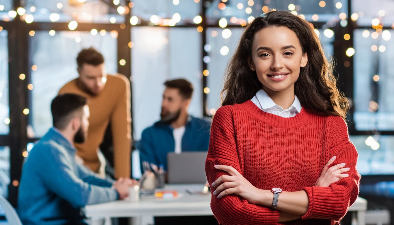 Firefly-Generative-AI-image-of-portrait-of-smiling-young-female-employee-in-red-sweater-looking-at-c-scaled-1