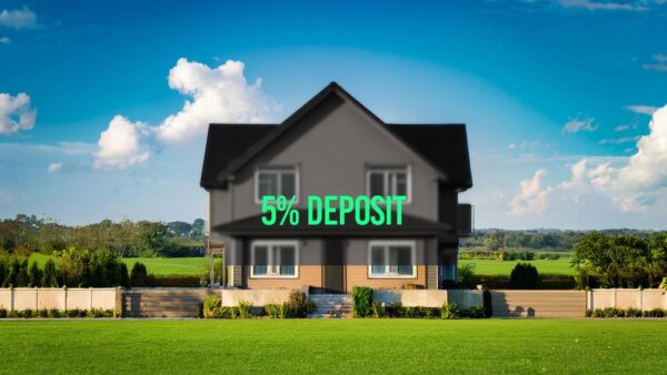 A house stands centre in front of a blue sky and green fields. 95% of the house from top to bottom is shaded in darker, with the text "5% deposit" across the middle of the house. This reflects the new Own New Rate Reducer Scheme and how you can now purchase a property with a 5% deposit.