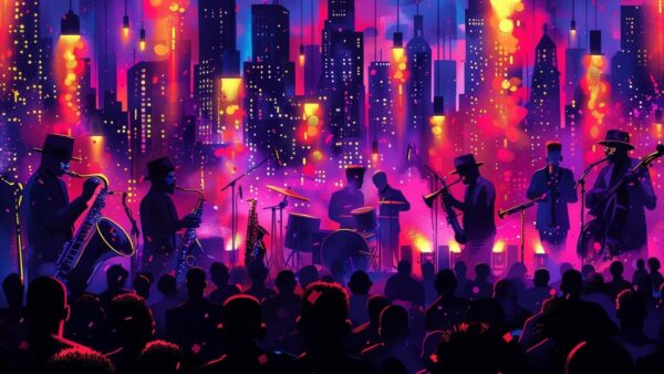 The image depicts multiple creative workers, forming a band. This depicts the type of candidate for a creative worker visa.