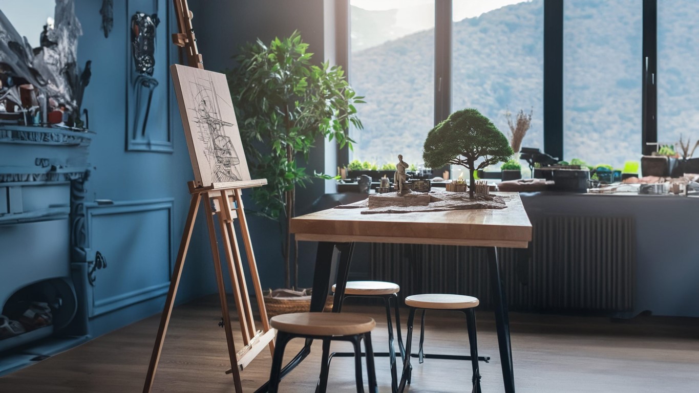 An easel holding a piece of art can be seen in an empty art studio. The art on the easel looks like architectural plans, mimicking the process of estate planning.