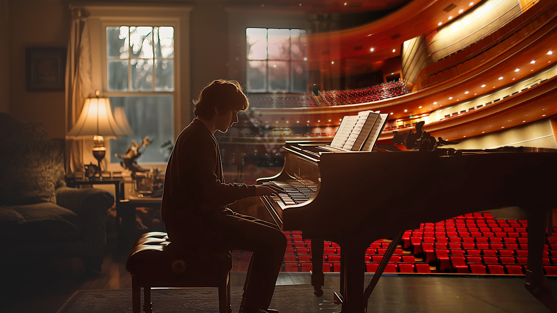 A man playing Piano in his living room on the left side of the frame. On the right musican is playing the same piano in a huge UK venue