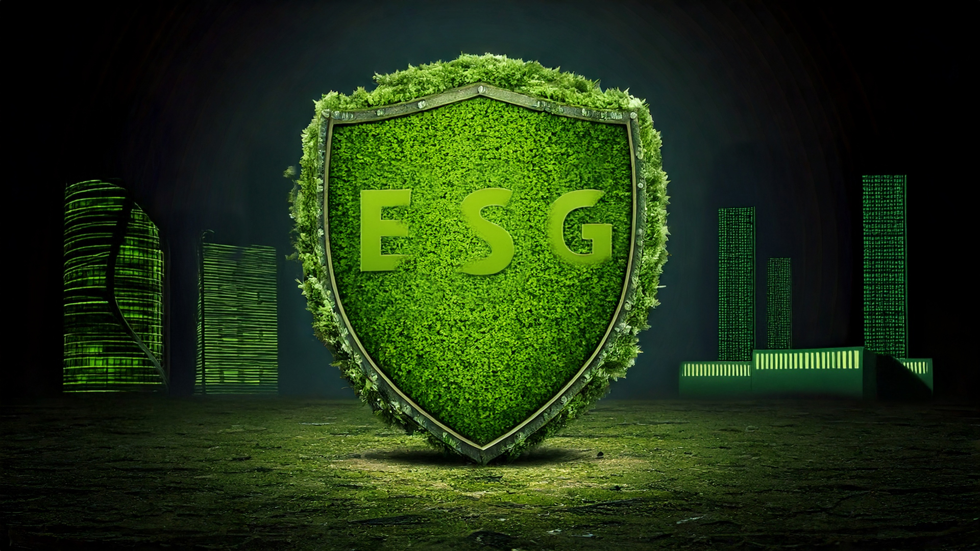 Green ESG Shield made out of leaves and hedges with green corporate offices in the background