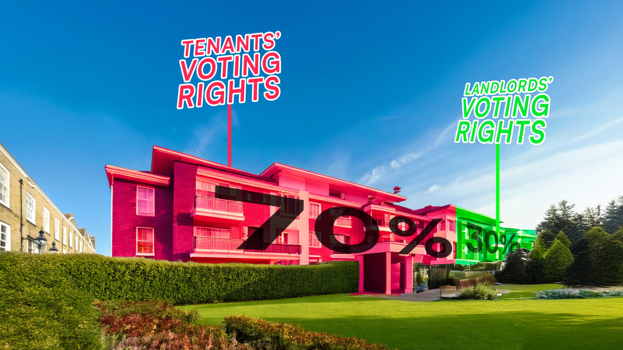 A UK luxury new build Property with each flat having voting rights collectivly over the Landlord of 70%.