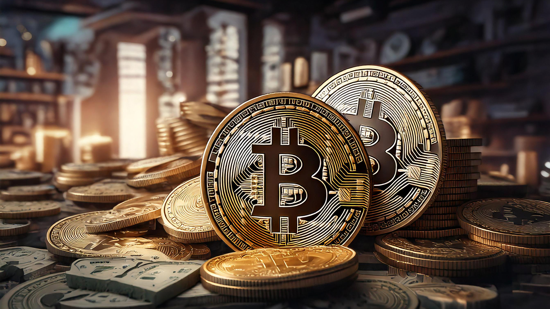 Two Bitcoins on a pile of cash and money representing property and assets