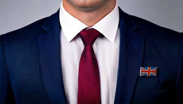 A professionally dressed man wearing a navy blue suit, white shirt, and red tie, with a Union Jack lapel pin on his blazer. The image visually supports the concept of "Self-Sponsorship Visas: A Pathway for Entrepreneurs to Establish a UK Presence," highlighting a formal and aspirational tone associated with UK-based business ventures.
