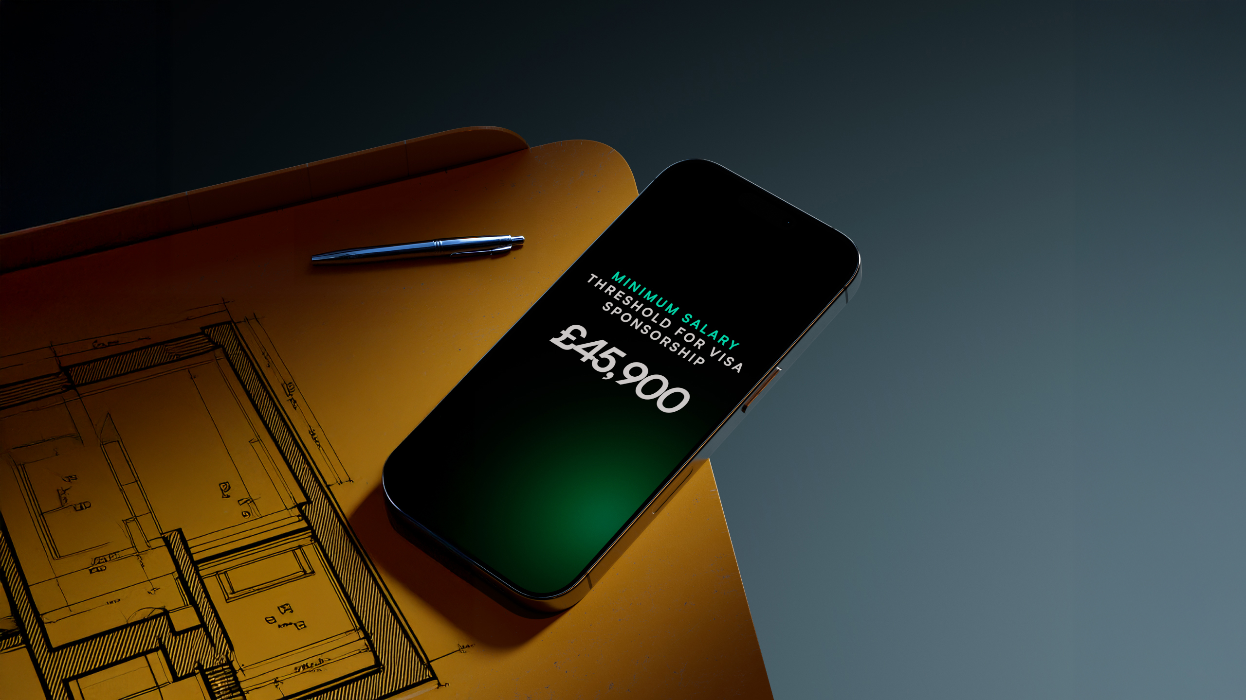 A phone of an architect with a job offer. on a table with blueprint plans for building a property.