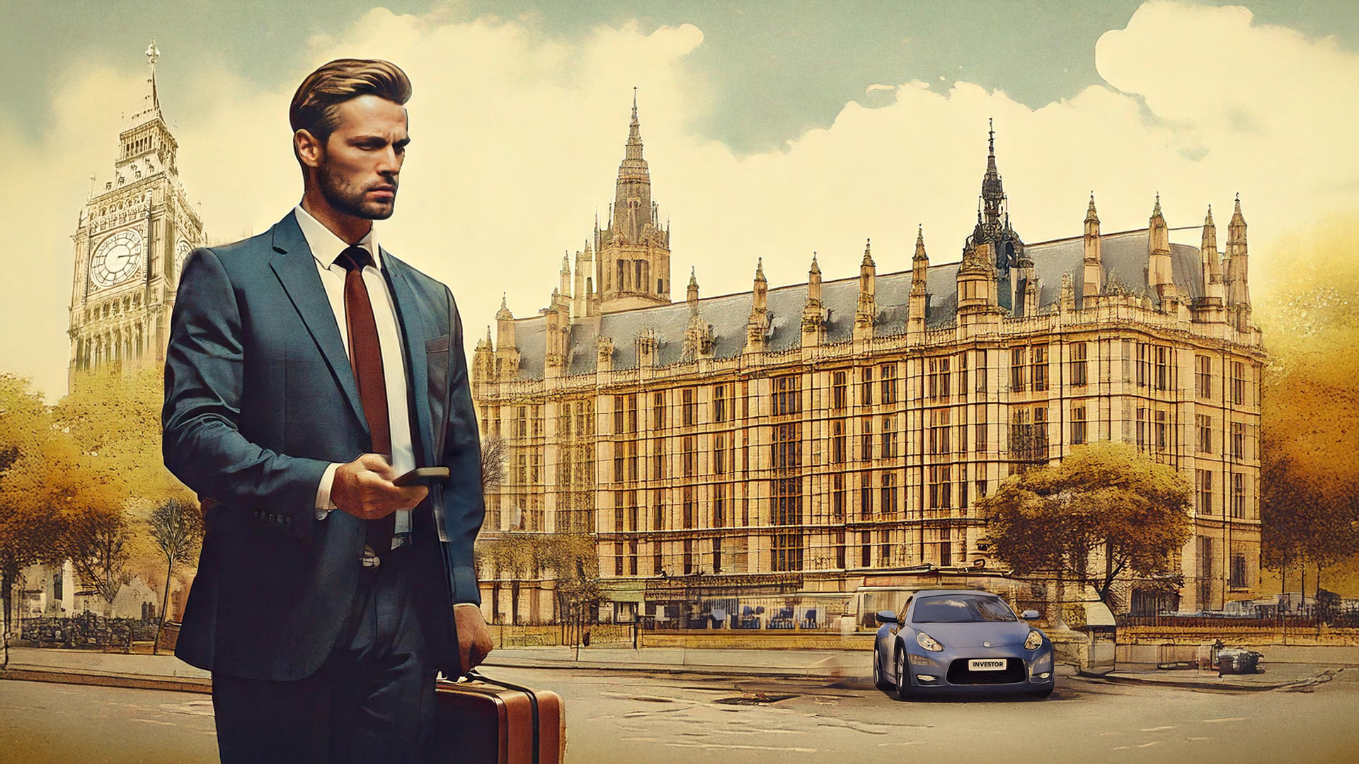 A man (investor) on a mobile phone in Central London's houses of parliment behind him along with Big Ben. There is a car in that background with the word "Investor" as the numberplate.