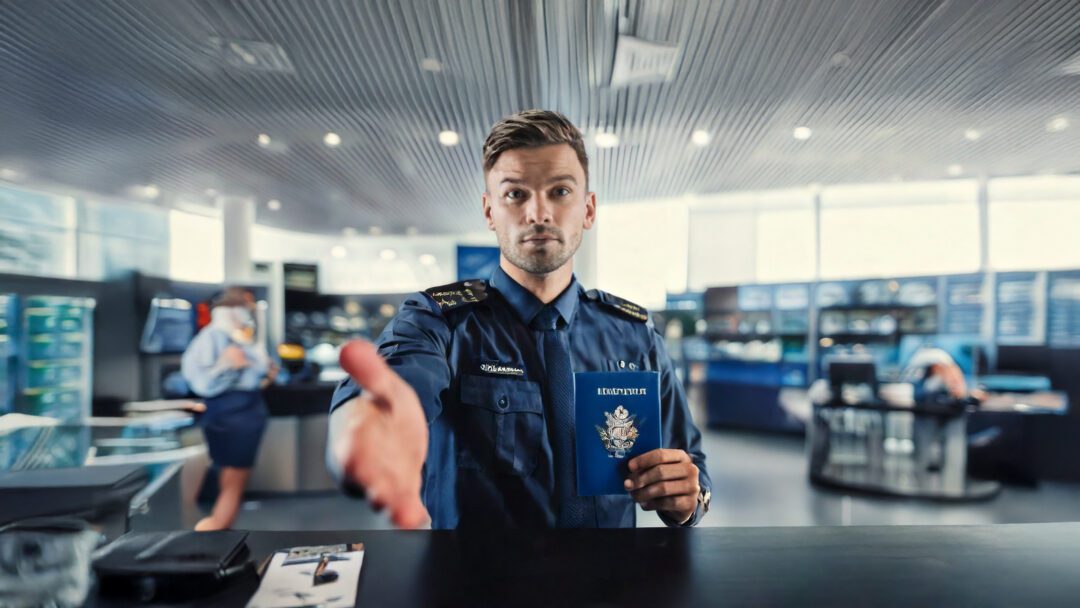 A stern-faced immigration officer in a dark uniform extends his hand while holding a passport at an airport checkpoint. The modern, well-lit background suggests an official setting. The image visually supports the theme of "Key UK Immigration Updates for 2025: What You Need to Know," highlighting authority, regulation, and entry procedures.