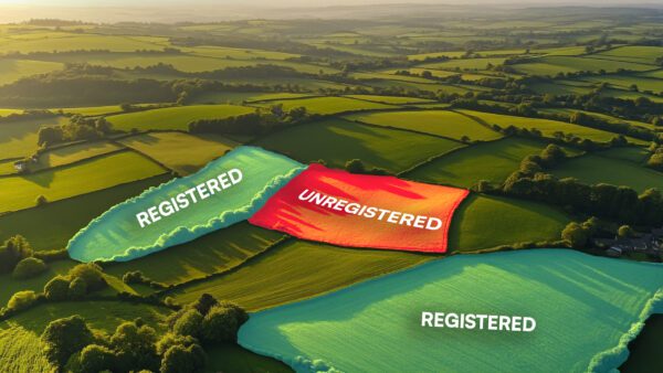 Aerial view of lush countryside divided into plots, with three parcels of land distinctly highlighted. Two plots are labelled "REGISTERED" in teal, while the central plot is marked "UNREGISTERED" in bold white text on a striking red overlay. This visual clearly illustrates the contrast between registered and unregistered land, reinforcing the importance of land registration in protecting ownership and legal rights. A powerful tool for articles discussing property law, land registry issues, or conveyancing advice.