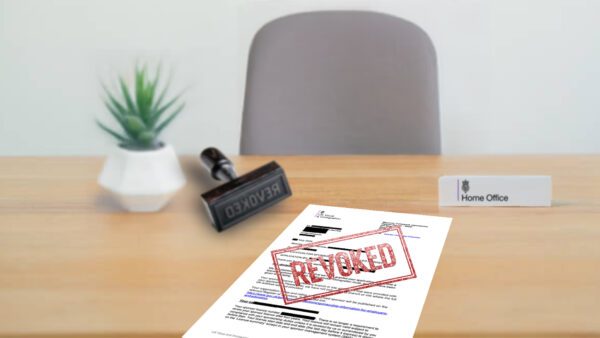 A desk with a "Home Office" nameplate, a "Revoked" stamp, and an official UK Visas and Immigration document marked "Revoked." The image symbolises sponsor licence revocation and the importance of urgent action to safeguard business operations.
