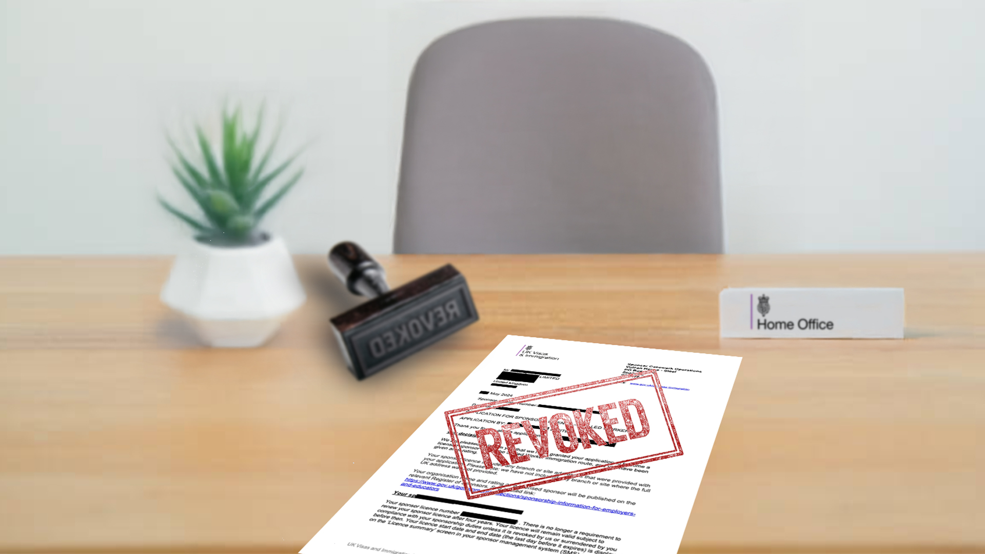 A desk with a "Home Office" nameplate, a "Revoked" stamp, and an official UK Visas and Immigration document marked "Revoked." The image symbolises sponsor licence revocation and the importance of urgent action to safeguard business operations.