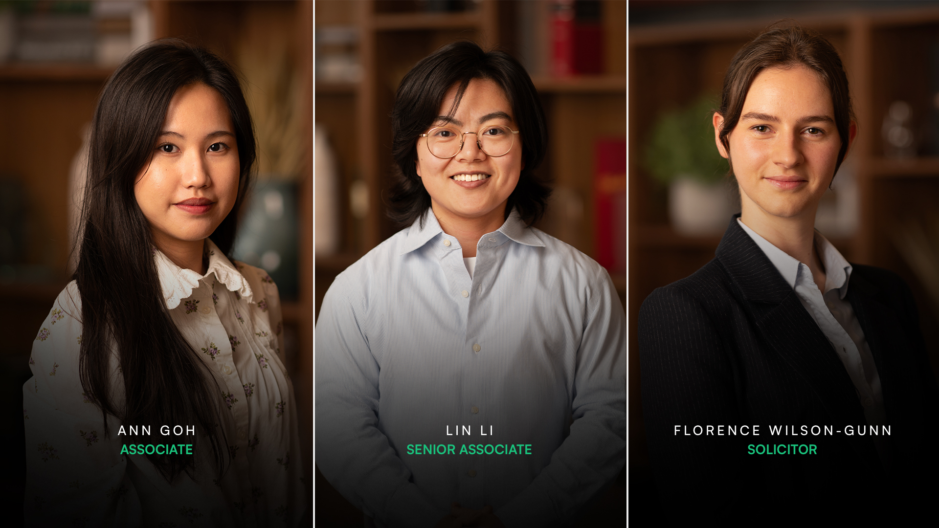 Photos of Ann Goh, Lin Li, and Florence Wilson-Gunn who have all recently received a promotion.
