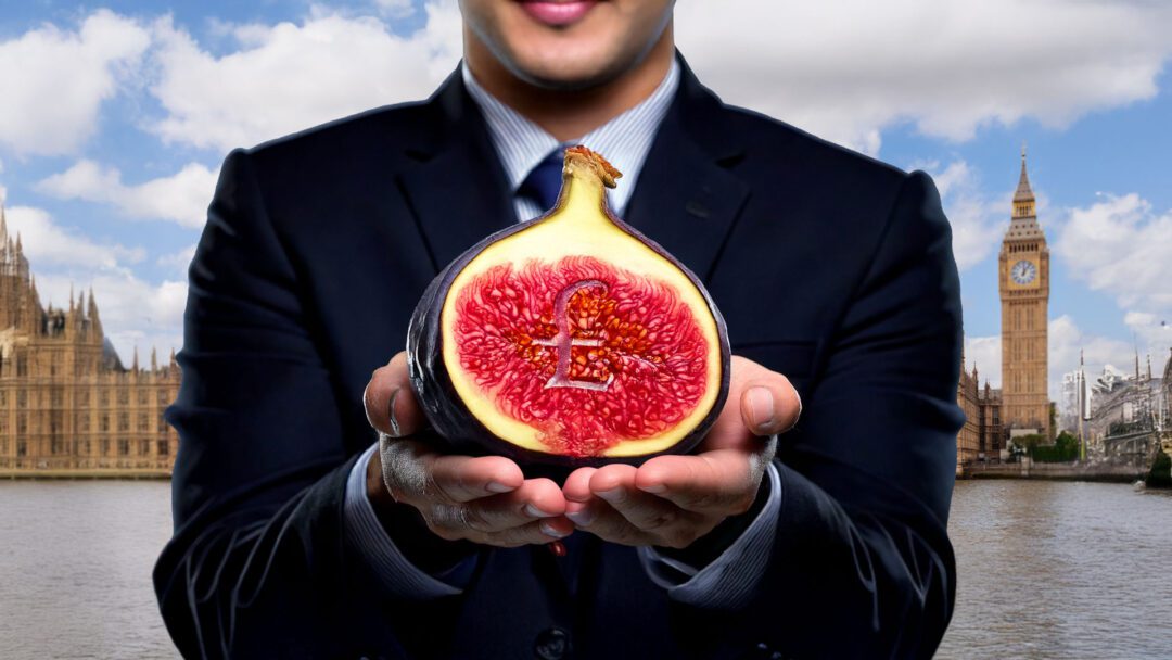 A businessman in a dark suit presents a halved fig with a British pound symbol carved into its vibrant red centre. Behind him stands the River Thames and iconic Big Ben, symbolising the UK. The image metaphorically supports the headline "The UK's New FIG Regime: A Potential One-Year Tax Holiday in Disguise?" by blending finance, fruit, and British policy.