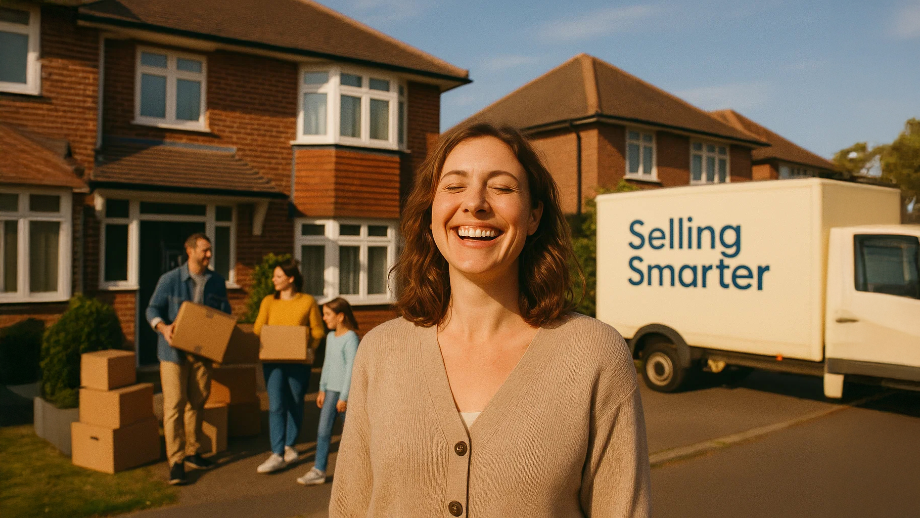 A woman feeling happy as she has found the process of selling her property in the UK to be so easy. She is standing outside her London Subburban home with her family and boxes and moving vans in the background that are branded with the words. "Selling Smarter" It is a bright sunny day and this image is a high resolution with a welcoming colour grade. a small element of grain and texture.