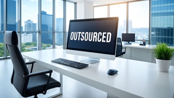 Image shows an empty office with the word "outsourced" on the computer screens, depicting that employers have decided to start outsourcing due to the rising cost of employment.