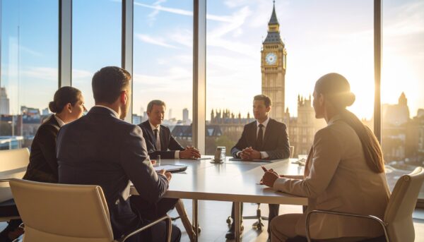 U.S. business owners sit around a boardroom table with Big ben visible out of the window, Representing US businesses expanding to the UK.