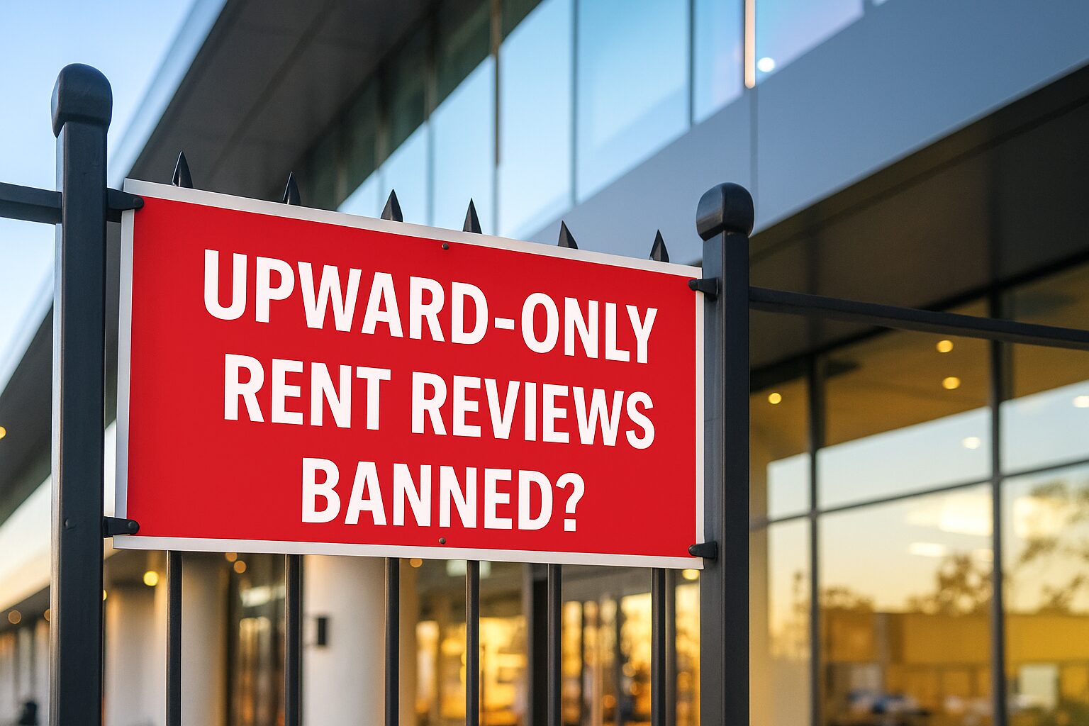 Image shows a commercial building with a notice saying "upward-only rent reviews banned?" which explores the topic of the article. The article covers a new bill published by the UK government, which plans to ban upward-only rent reviews.