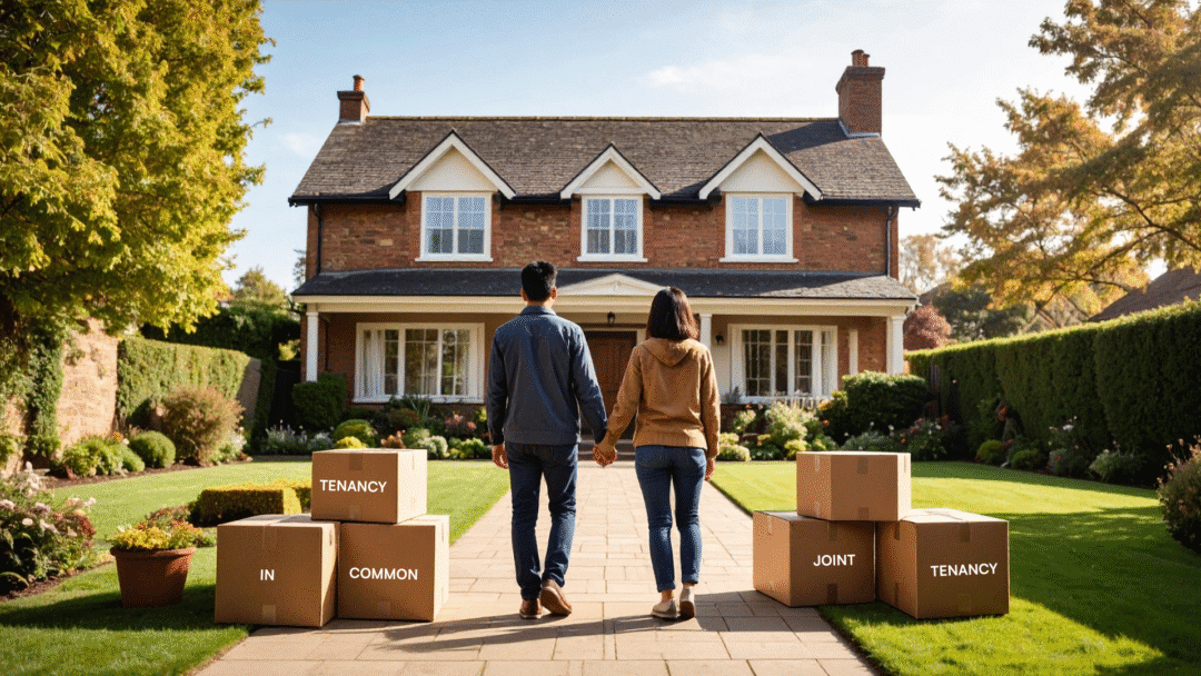 A couple stands in front of their new home with two piles of boxes on either side. The boxes are labelled 'joint tenancy' and 'tenancy in common' to reflect the types of property ownership.