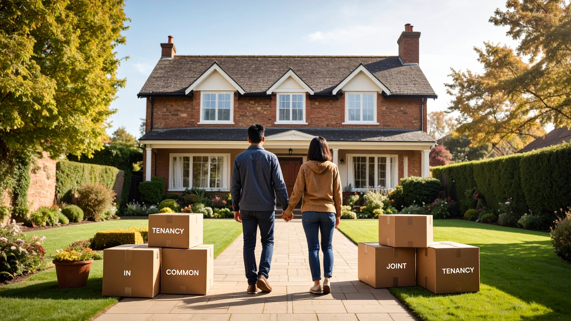 A couple stands in front of their new home with two piles of boxes on either side. The boxes are labelled 'joint tenancy' and 'tenancy in common' to reflect the types of property ownership.