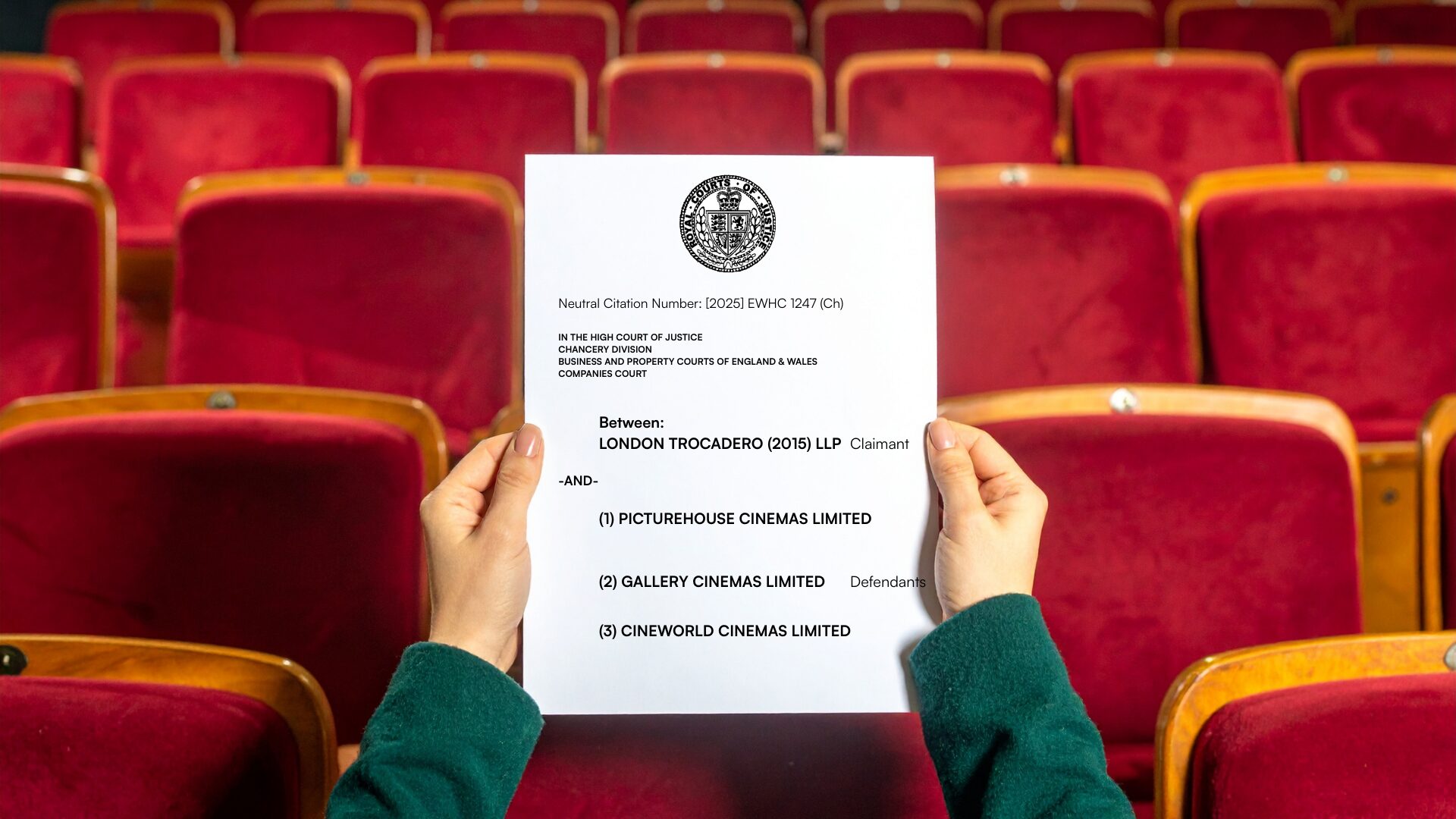 The image shows someone holding the Trocadero v Picturehouse judgment in a cinema, reflecting the company that was involved in the case.