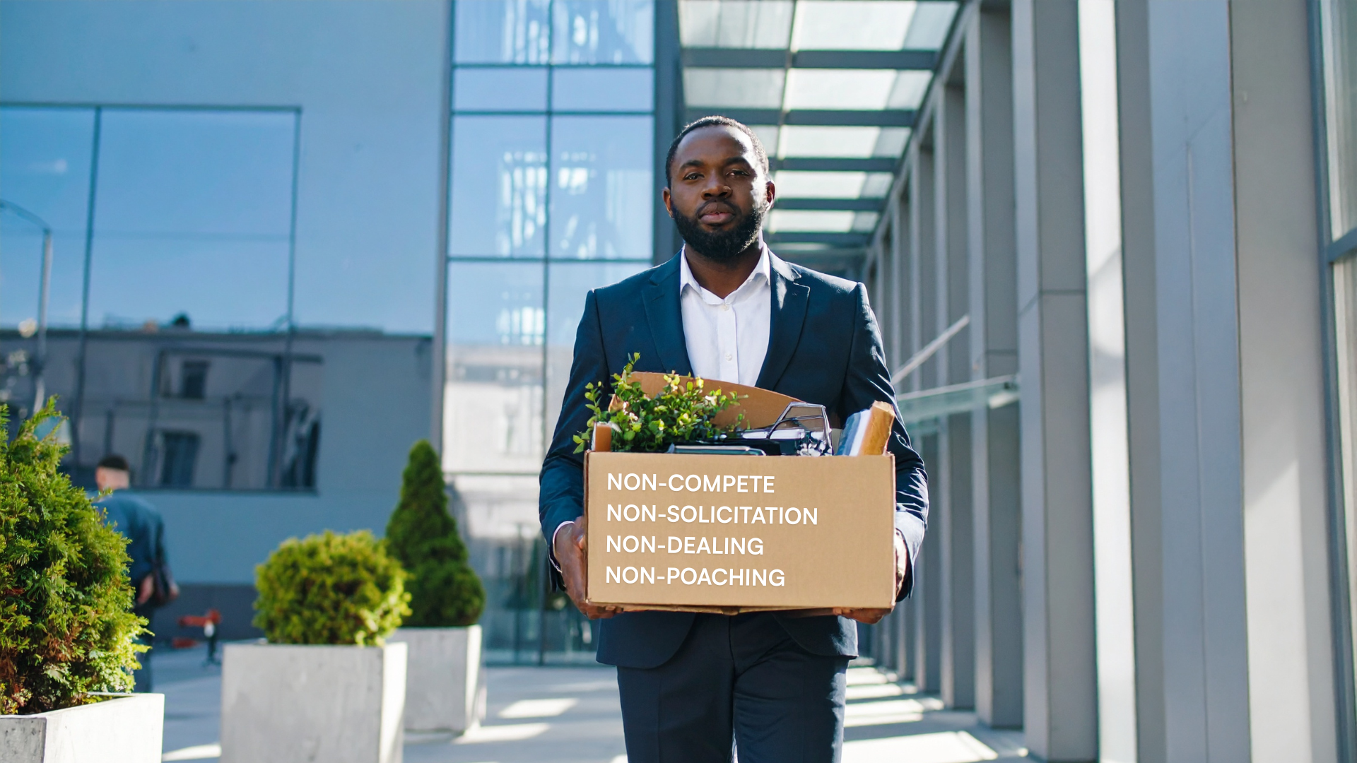An employee leaves their workplace holding a box of their belongings. Listed on the box are four of the common employment restrictive covenants.