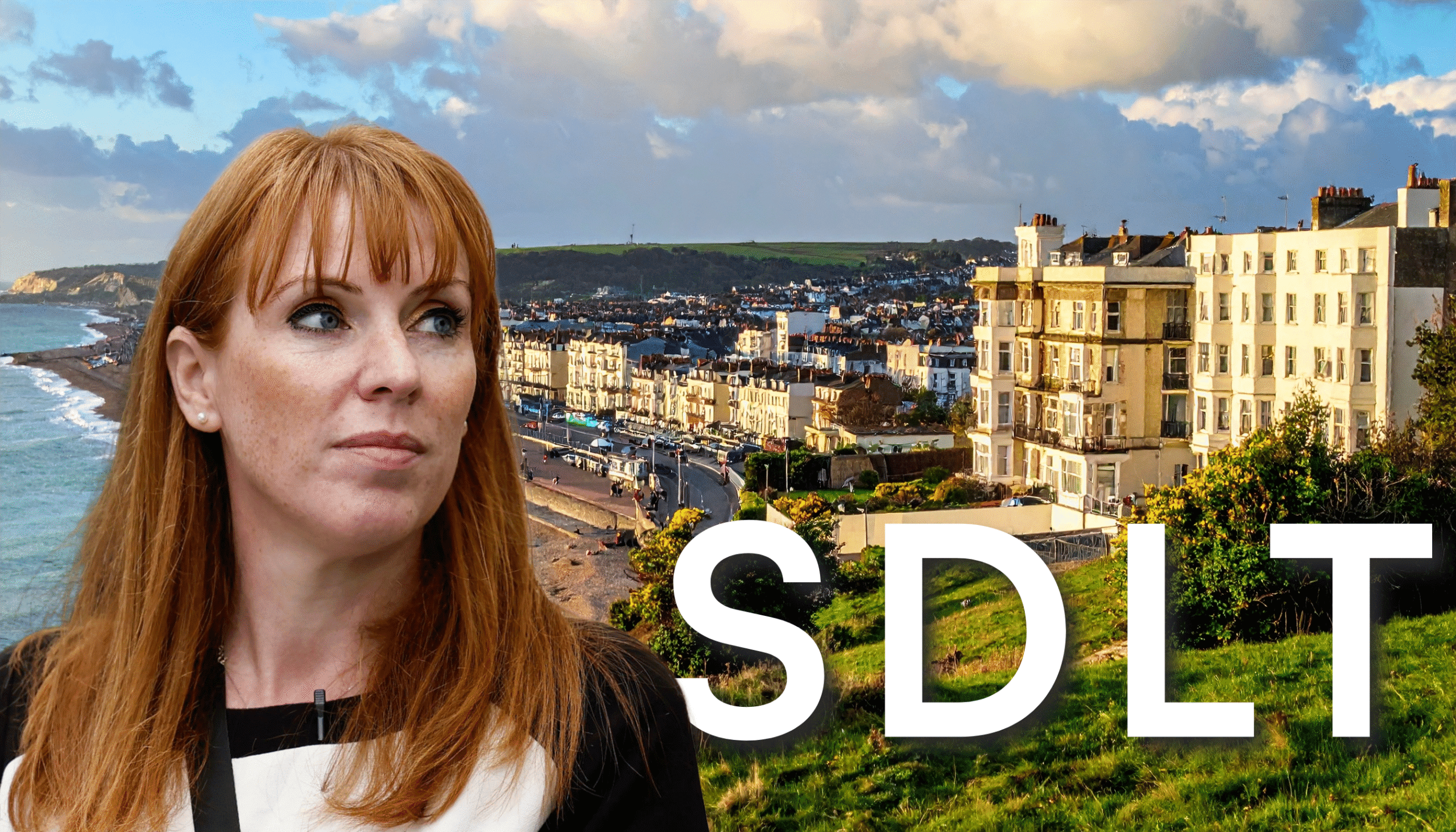 Angela Rayner features in the left foreground. On the right is text stating 'SDLT'. In the background, a landscape of Hove is visible, to represent the flat in Hove that Angela Rayner failed to pay adequate SDLT on.
