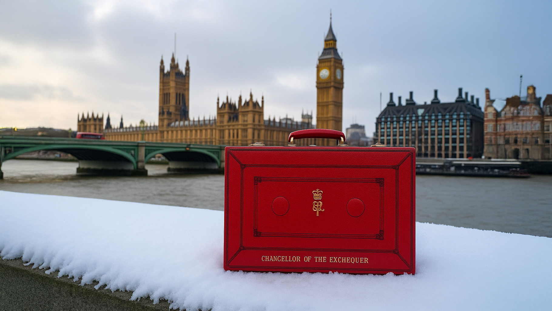 The Chancellor's red box sits opposite the snowy houses of parliament, representing the upcoming Winter Budget.