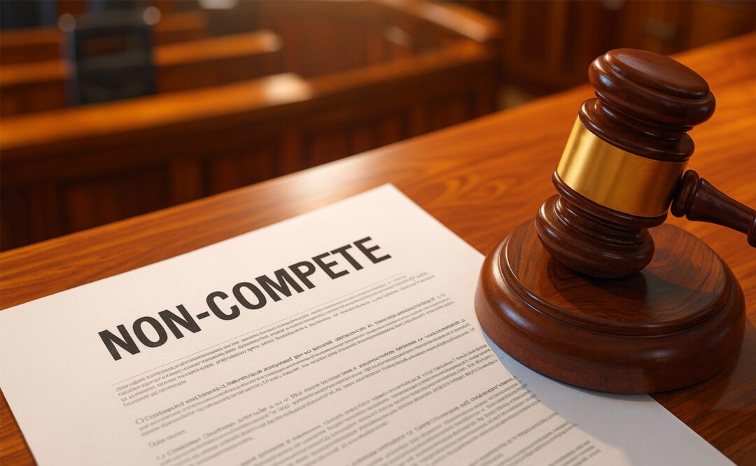 A judge's gavel rests on a courtroom desk, on top of a stack of paper titled 'non-compete' to represent restrictive covenants being scrutinised in court.