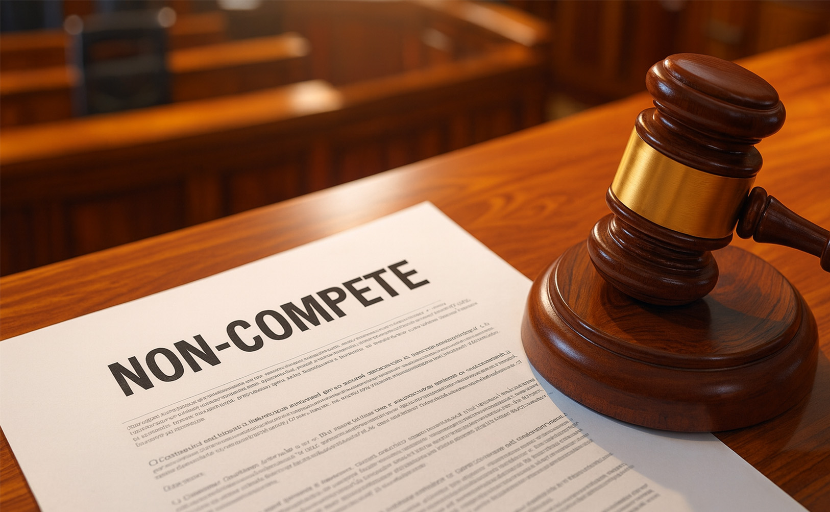 A judge's gavel rests on a courtroom desk, on top of a stack of paper titled 'non-compete' to represent restrictive covenants being scrutinised in court.