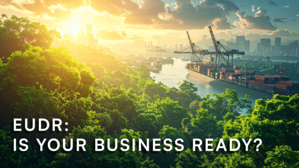 Depicts a lush forest on the left, meeting a cargo shipping area on the right, which showcases how supply chains impact deforestation. The EUDR is designed to reduce deforestation.