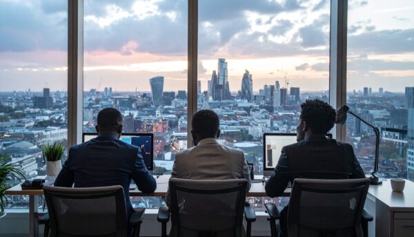 Three US Tech workers sit looking out over the London skyline, to show how US tech firms are relocating to London.