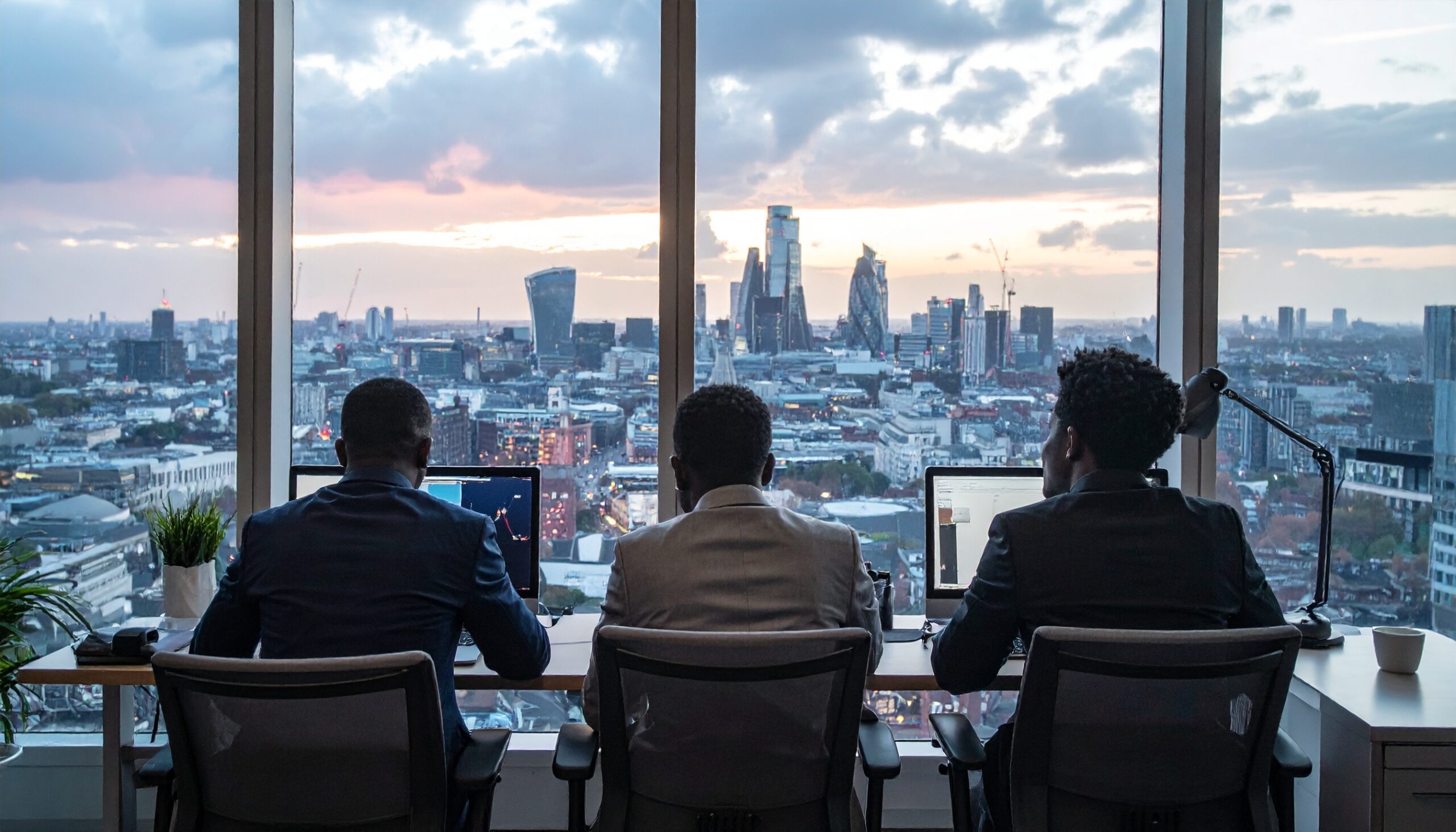 Three US Tech workers sit looking out over the London skyline, to show how US tech firms are relocating to London.