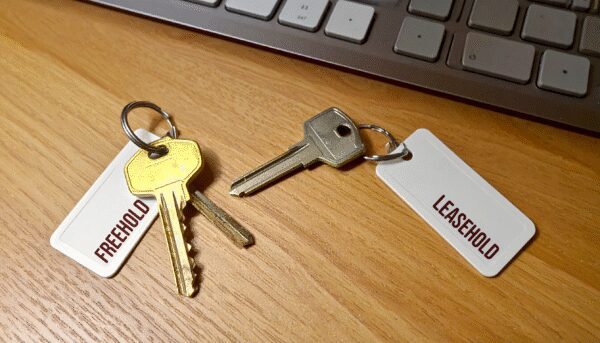 Two sets of keys to different properties. One is labelled 'leasehold' and one is labelled 'freehold' to signify the different types of property in England & Wales.