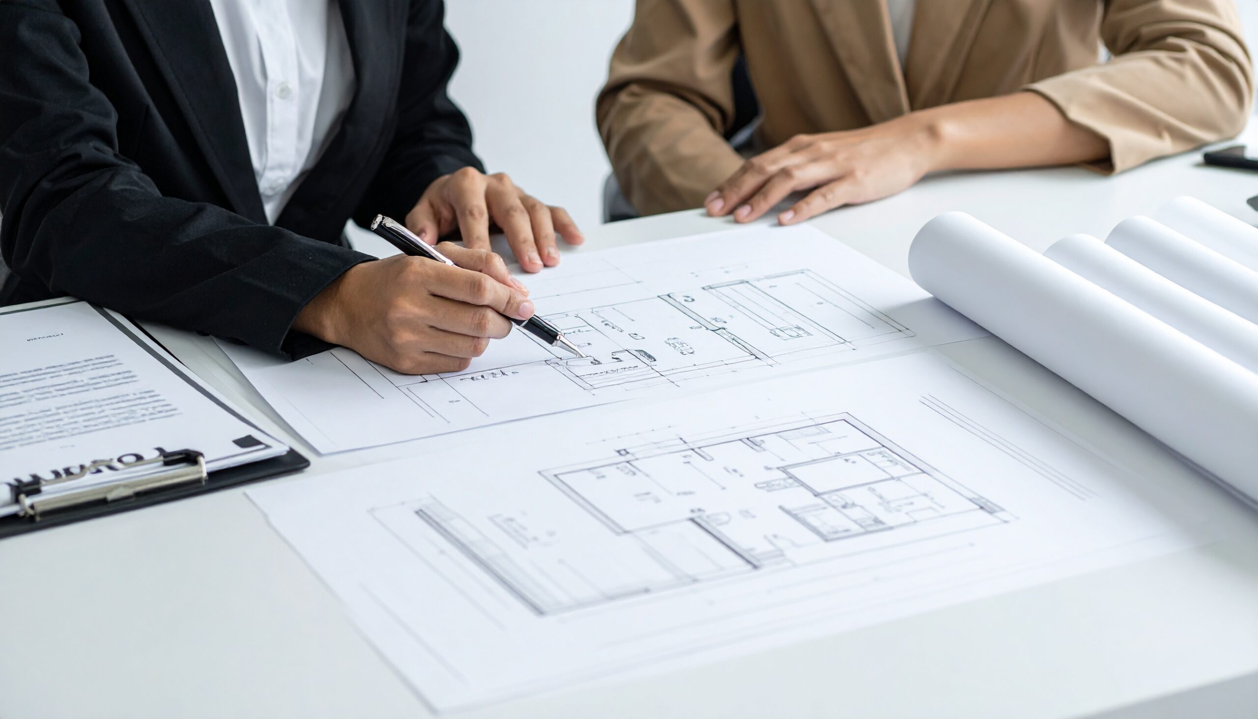 Two women sit overlooking plans for a new build apartment. Next to them lies a contract, for the buyer to assign to another person.