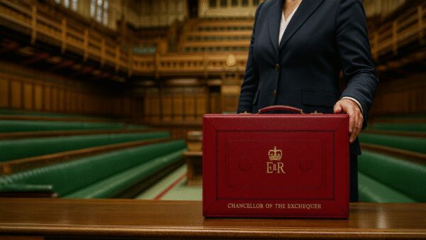 The Chancellor's red box sits on the centre table of the House of Commons. Rachel Reeves stands behind it, preparing to deliver the Autumn Budget 2025.