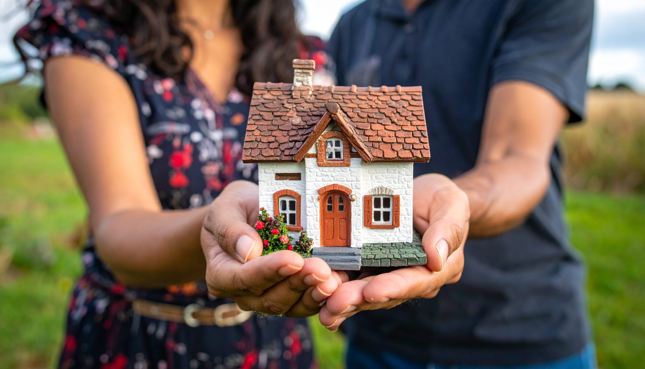 Two people hold a mini model of an English cottage, signifying a transfer of equity in the UK.