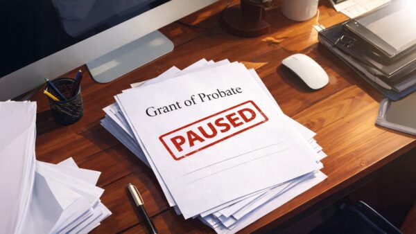 A grant of probate document sits on a desk, with a 'paused' stamp over it, to represent a caveat has been applied.