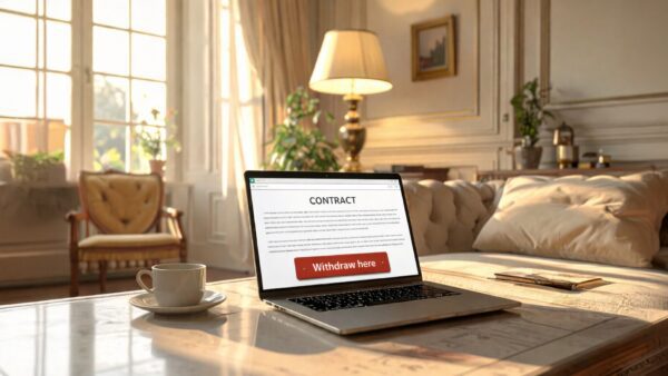 A laptop on a coffee table, with a contract on the screen. A large 'withdraw here' button can be seen on the screen, reflecting the new EU right of withdrawal.